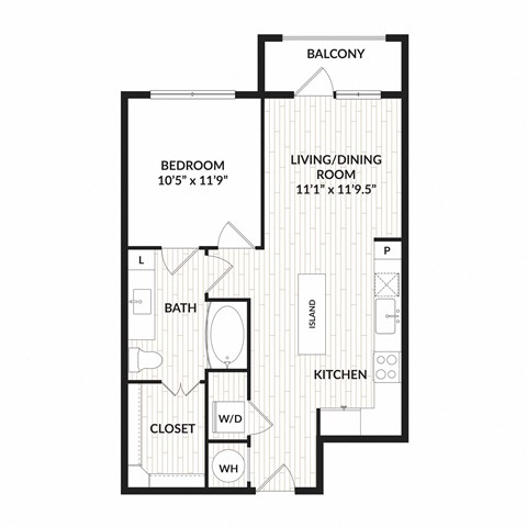 Floor plan for 1 bed, 1 bath, 656 sqft